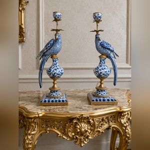Blue & White Hand Painted Porcelain & Bronze Ormolu Parrot Candle Holders (Pair)